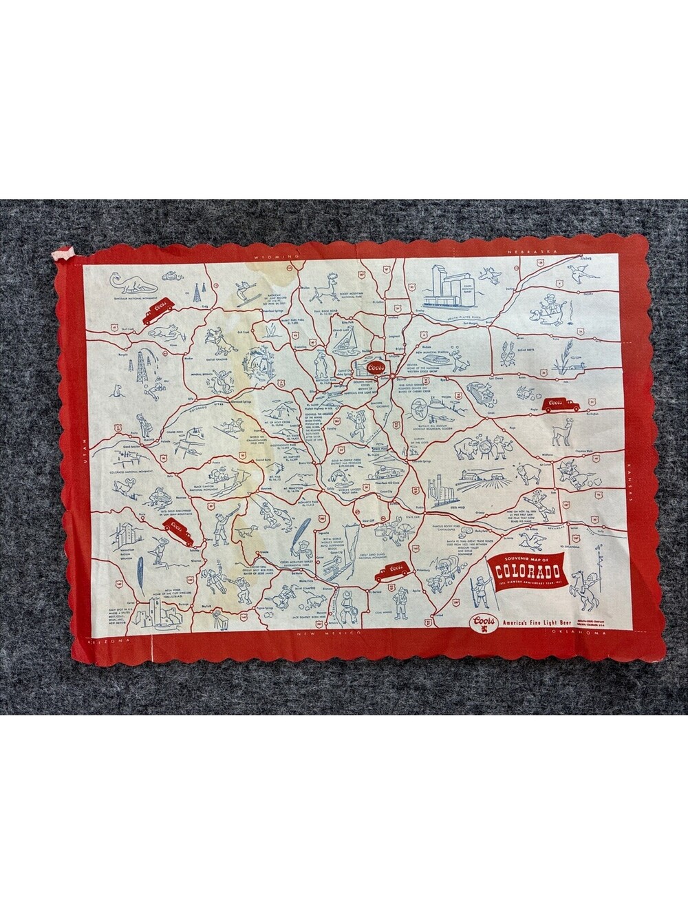 Vintage 1958 Coors Beer Souvenir Map of Colorado Paper Placemat Golden Brewery